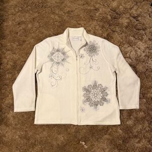 Alfred Dunner Snowflake Embroidered Full Zip Fleece Jacket White Winter Large